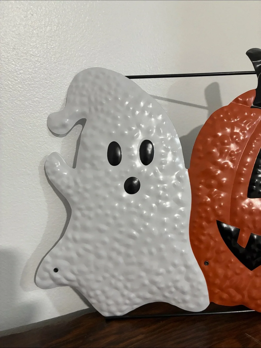 NWT-Metal Halloween Yard Stake Sign w/ Ghost, Jack-o-lantern & Candy Corn 26x20